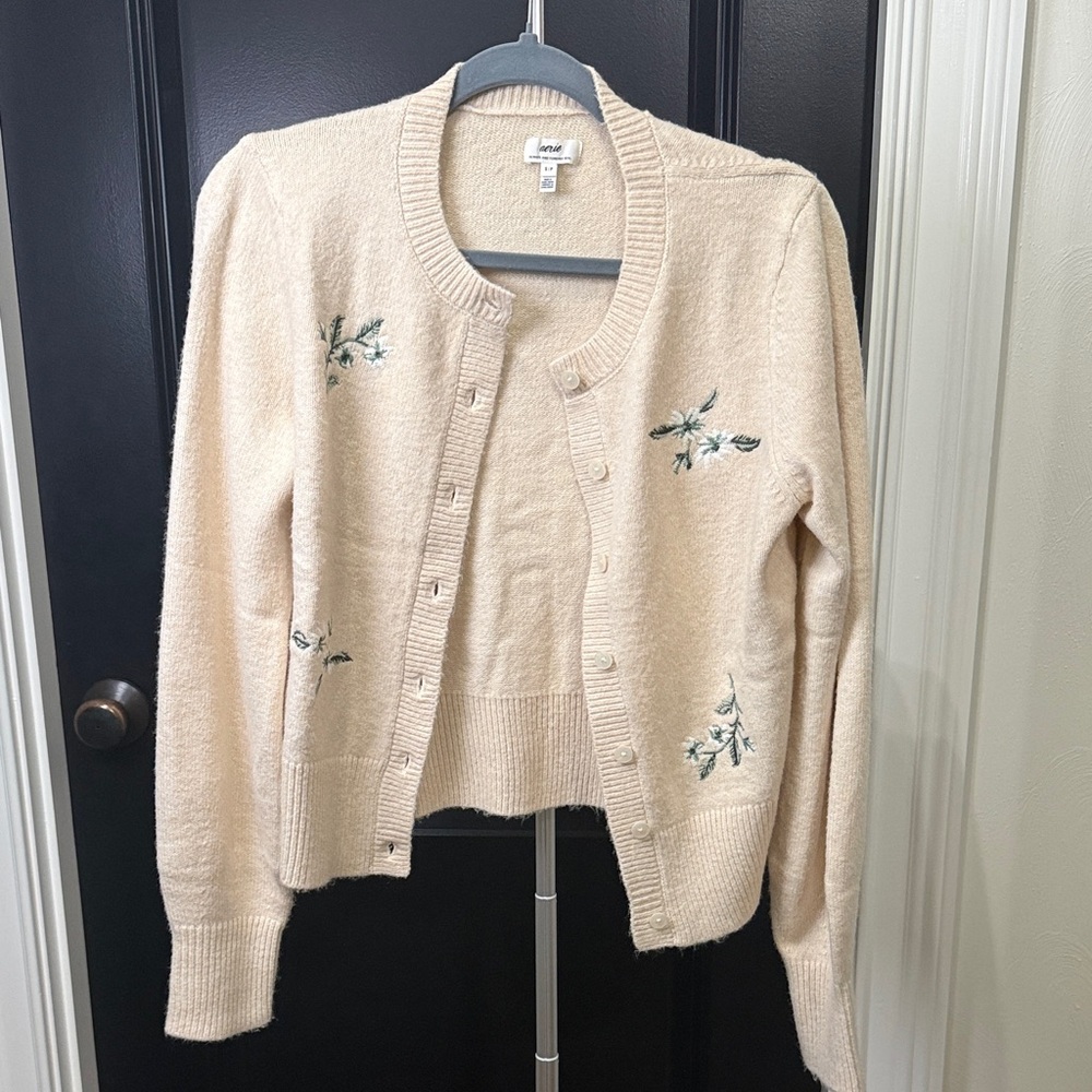 Aerie Cream Cardigan with Green Floral Details